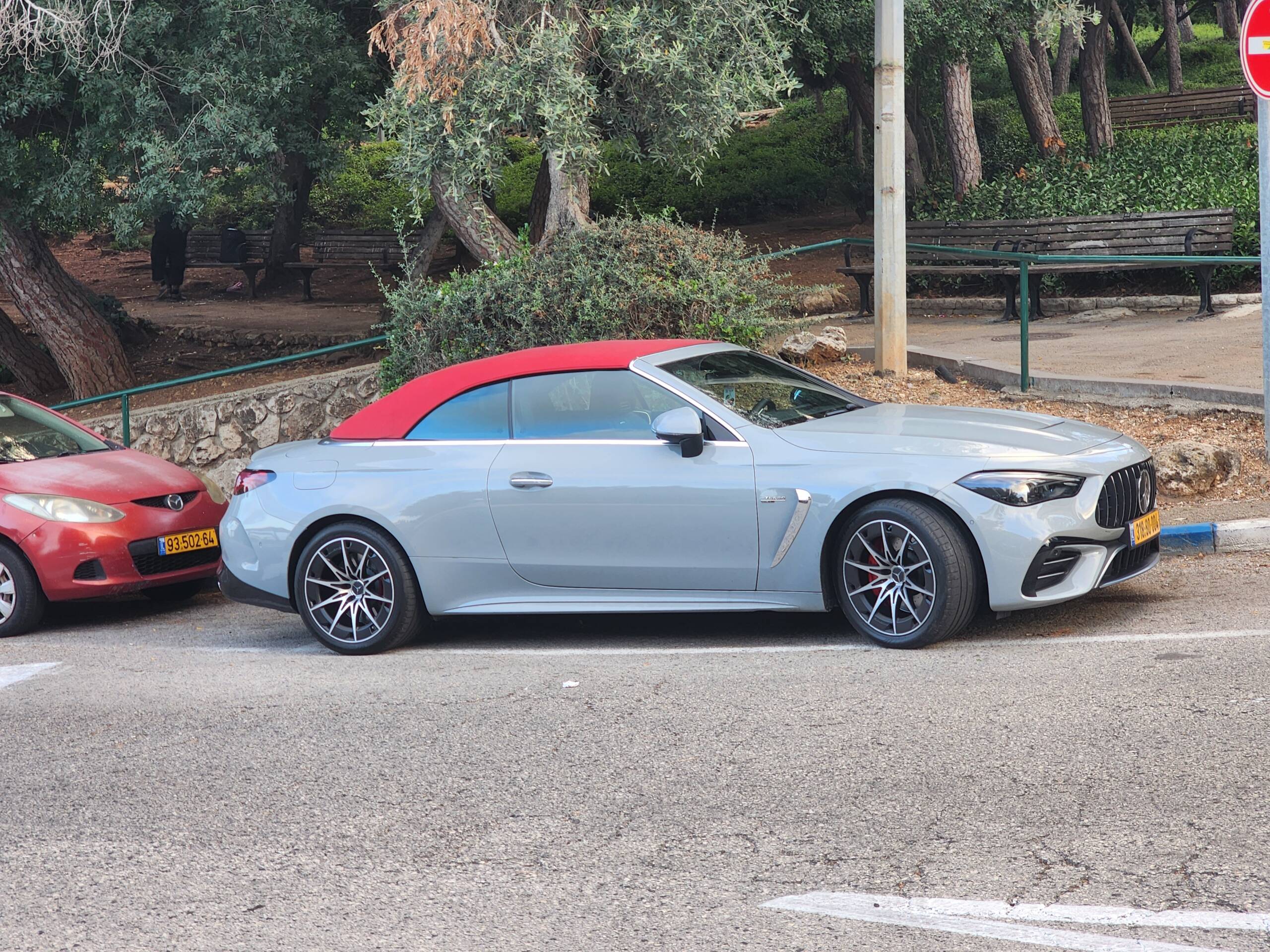 image from Mercedes-AMG SL Spotted in Selenite Grey With Red Vario-Roof