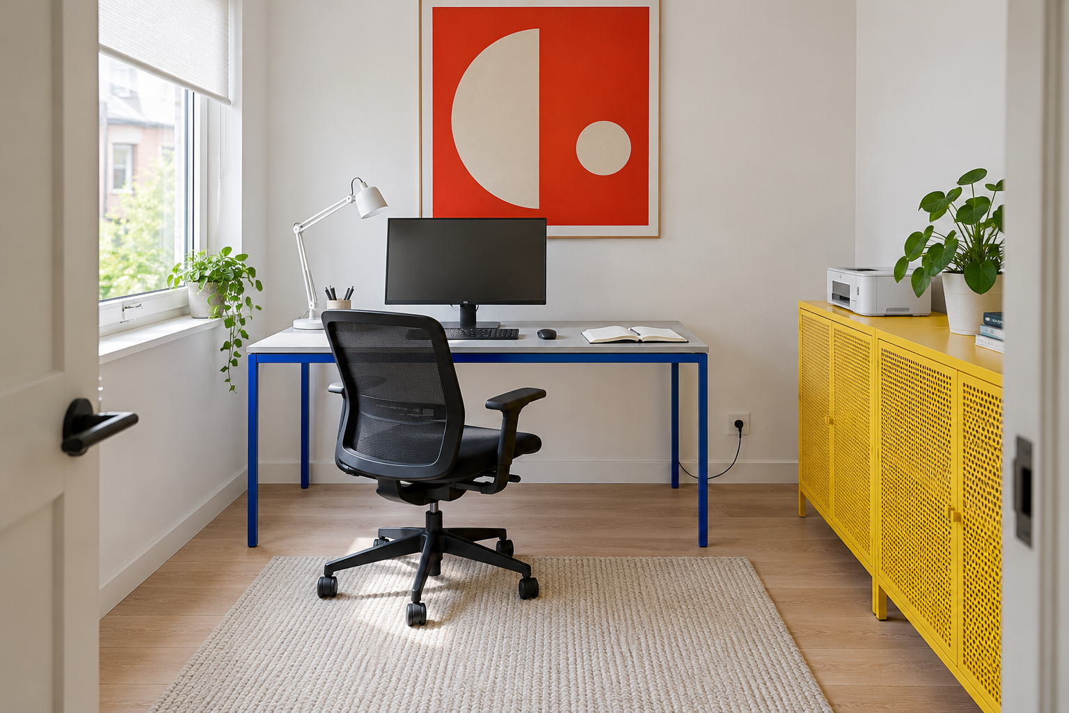 Cobalt blue steel desk with a pale worktop, black mesh chair, yellow perforated cabinet and red geometric print beside a bright window.