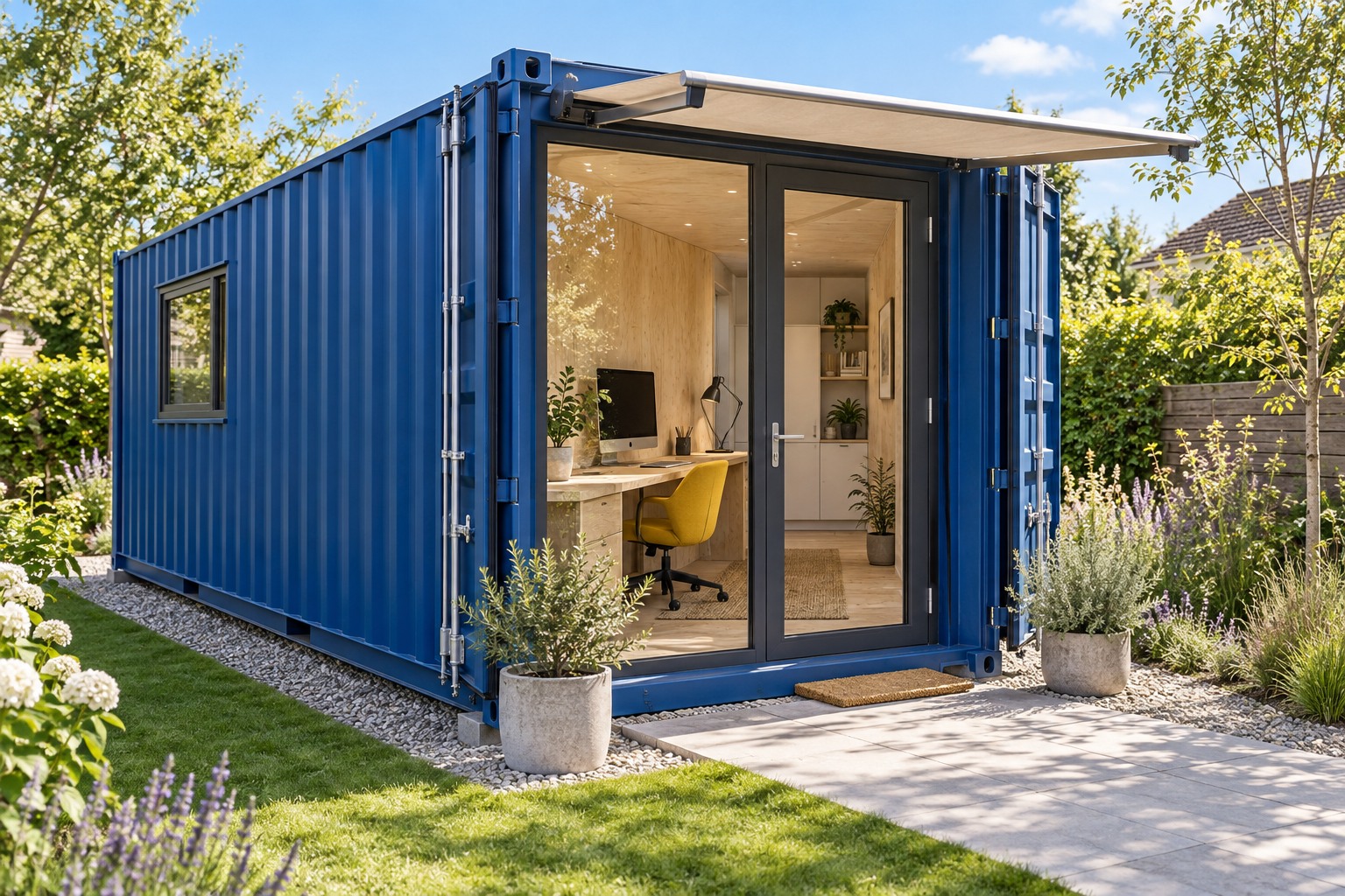 Cobalt blue corrugated container office with glazed entrance, open steel doors, a pale awning and a birch desk with a yellow chair visible inside.